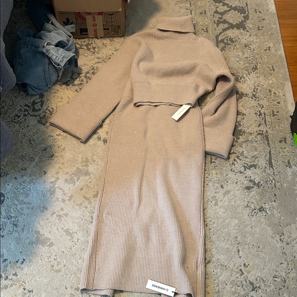 Commense Beige Ribbed Long Sleeve Dress